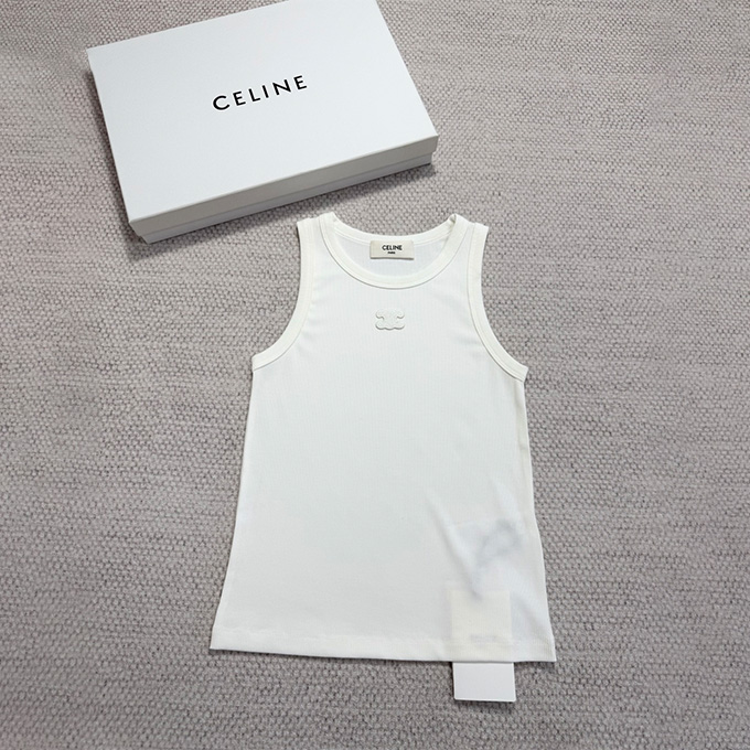 celine triomphe embroidery ribbed knit halter tank top
